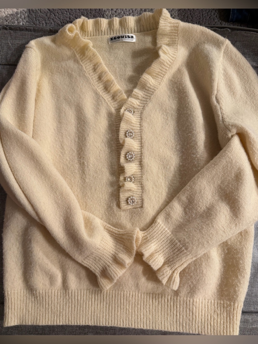 Ecowish Pale Cream Knit Cardigan with Rhinestone Buttons